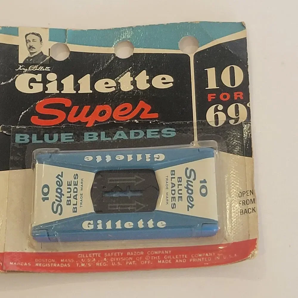 Vintage Gillette 10 Super Blue Blades Dispenser on card New, sealed